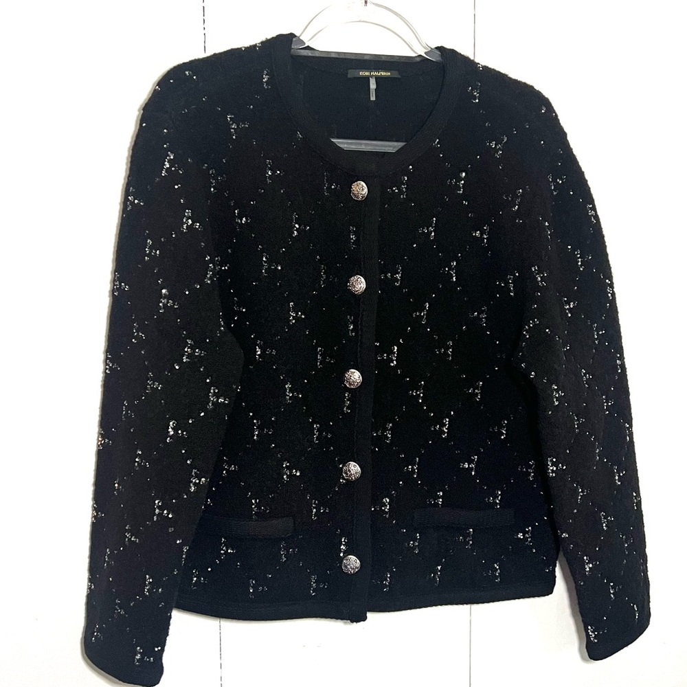 Kobi Halperin Rue Embellished Sequin Black Wool Cardigan Button Sweater Large